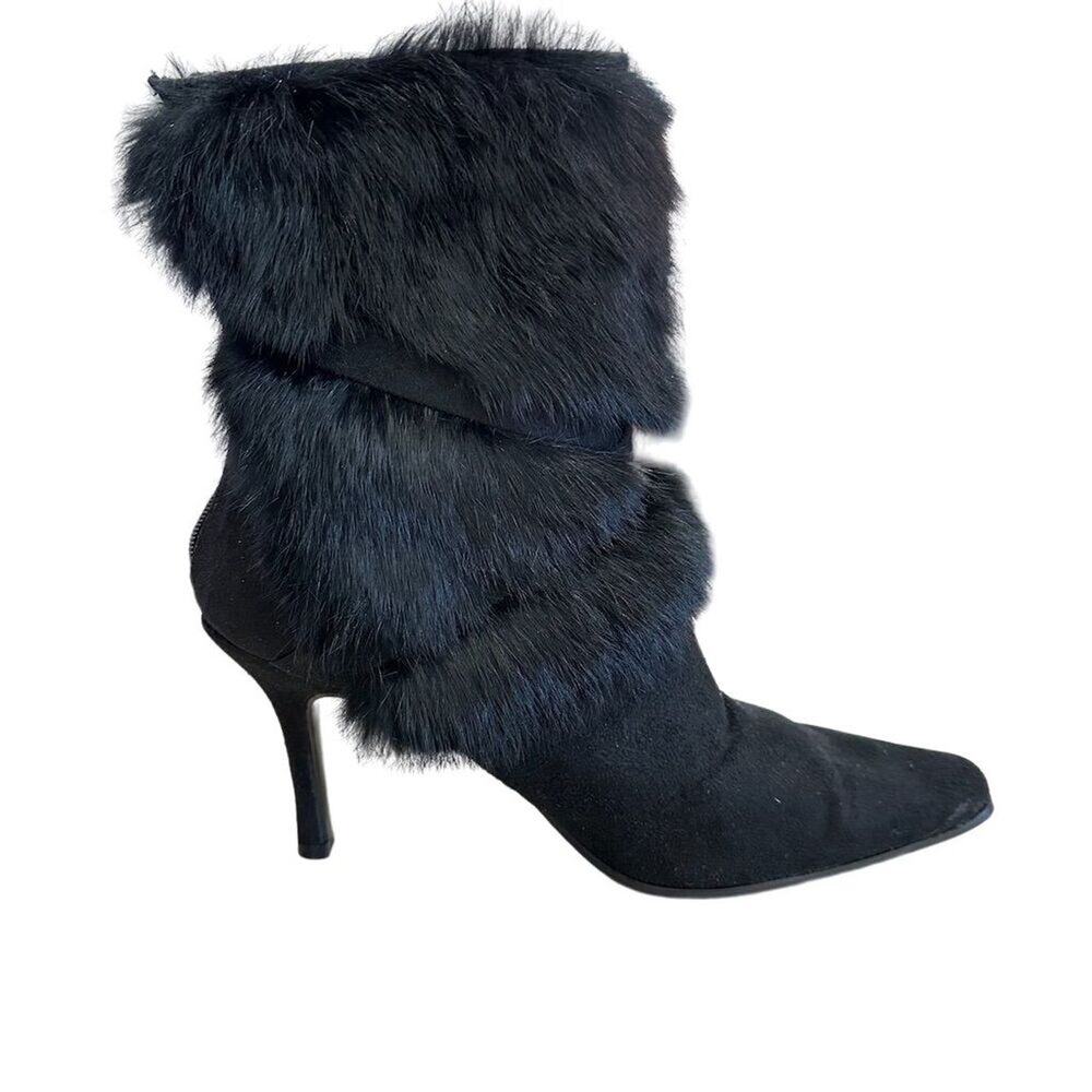 Pierre Dumas Women's Black Stiletto Heel Boots Size 9M Faux Fur Trim - Picture 2 of 9